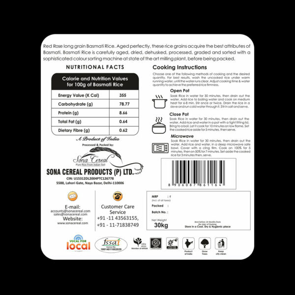 RED ROSE TIBAR BASMATI RICE, 30 KG - Image 6
