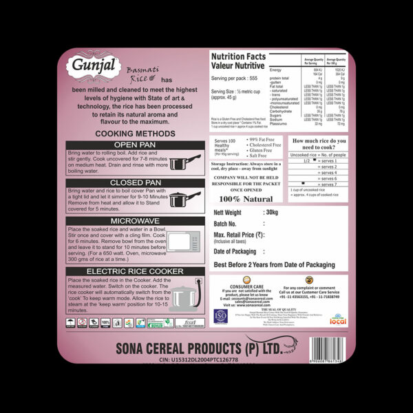 GUNJAL REGULAR BASMATI RICE, 30 KG (SELLA) - Image 6